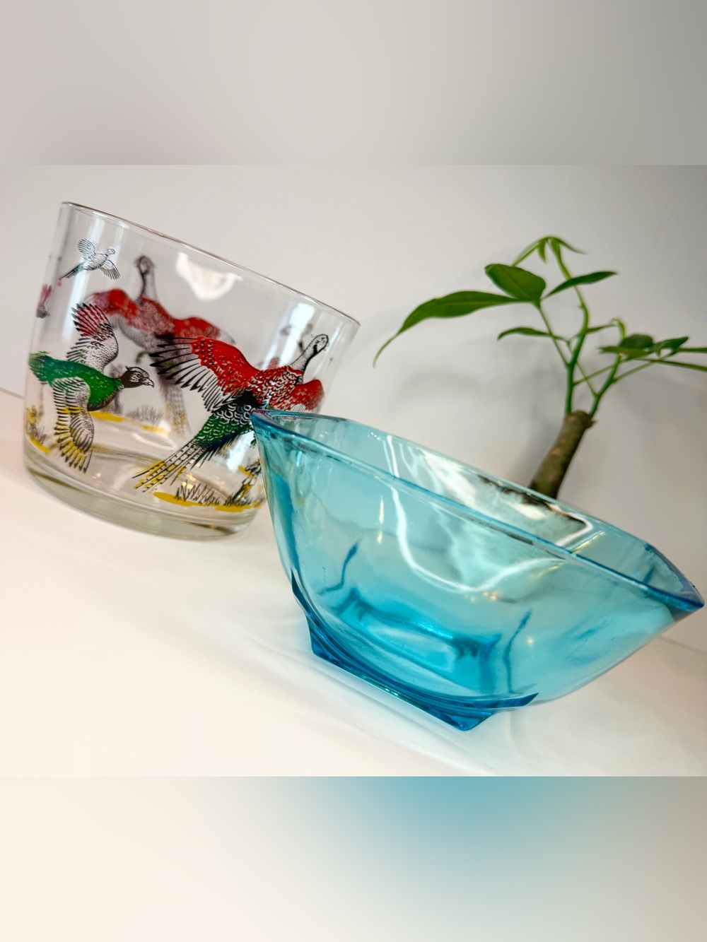 Vintage Hazel Atlas Bundle Pheasant 1960's Capri Glass Snack and Bowl Blue